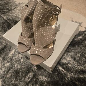Jessica Simpson Studded Taupe Microsuede Open-Toe Heels